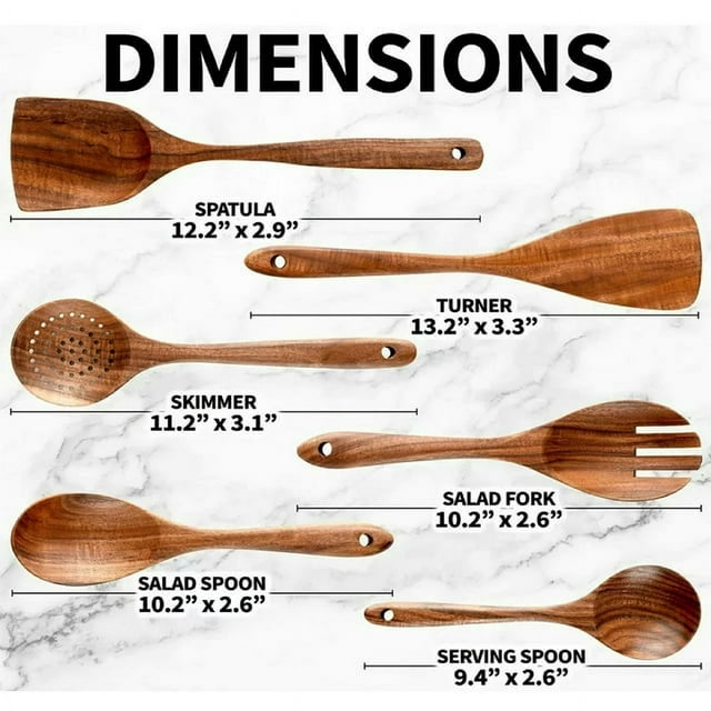 6-Piece Teak Wood Utensil Set for Cooking - Non-Stick Wooden Kitchen Tools