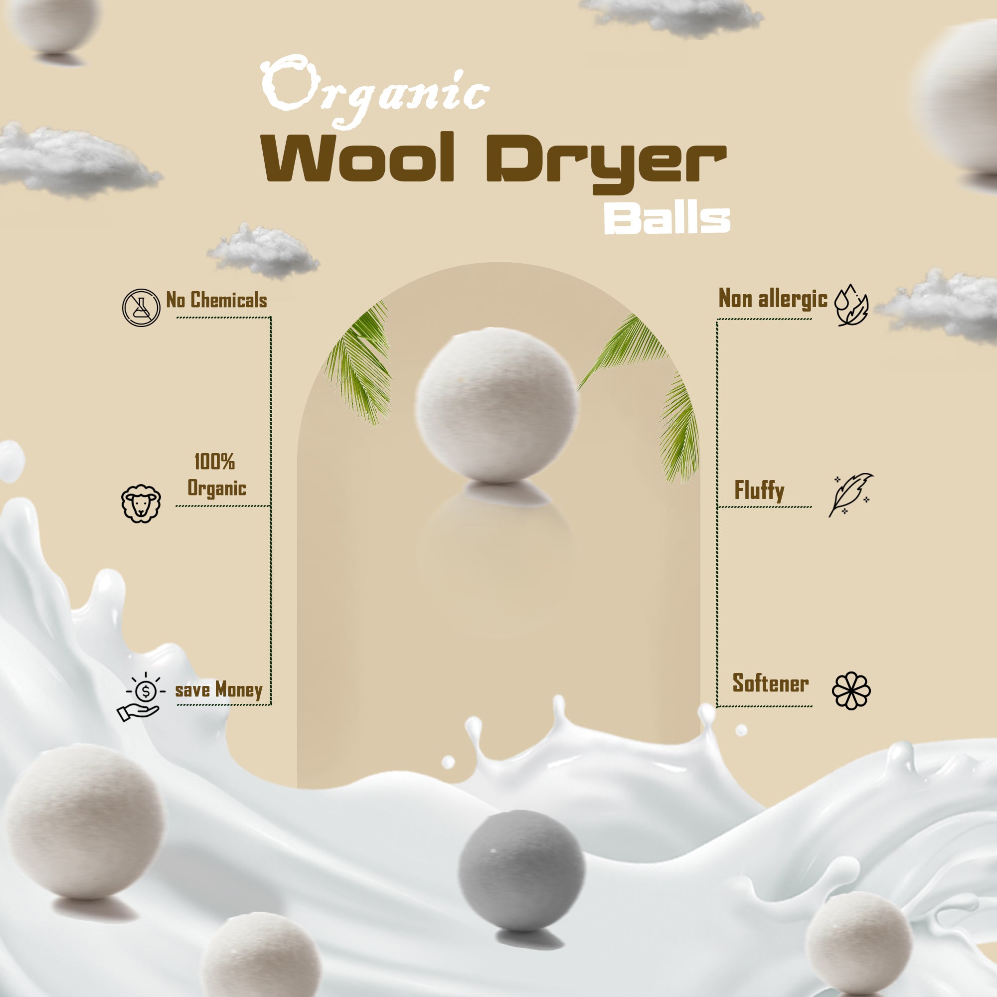 Wool Dryer Balls, Natural Fabric Softener, Reusable, Reduces Clothing Wrinkles and Saves Drying Time