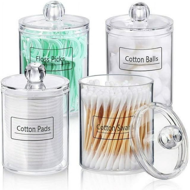 4 Pack Qtip Holder Dispensers - Clear Plastic Apothecary Jars for Bathroom Storage