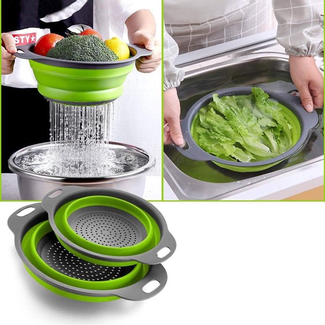 Collapsible Colander Set of 3 – Round Silicone Kitchen Strainer Set for Food Prep and Draining