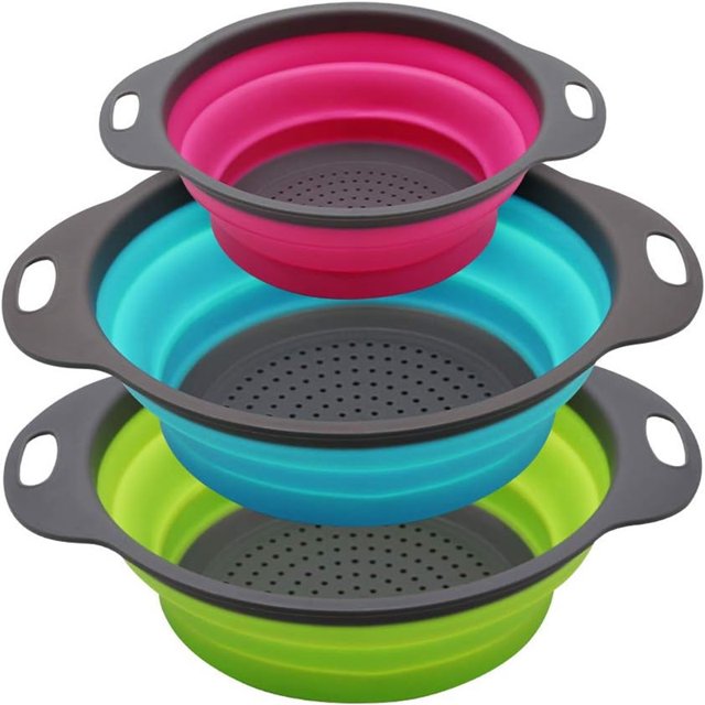 Collapsible Colander Set of 3 – Round Silicone Kitchen Strainer Set for Food Prep and Draining