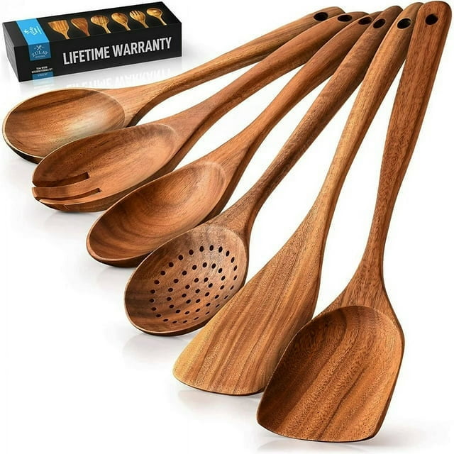 6-Piece Teak Wood Utensil Set for Cooking - Non-Stick Wooden Kitchen Tools