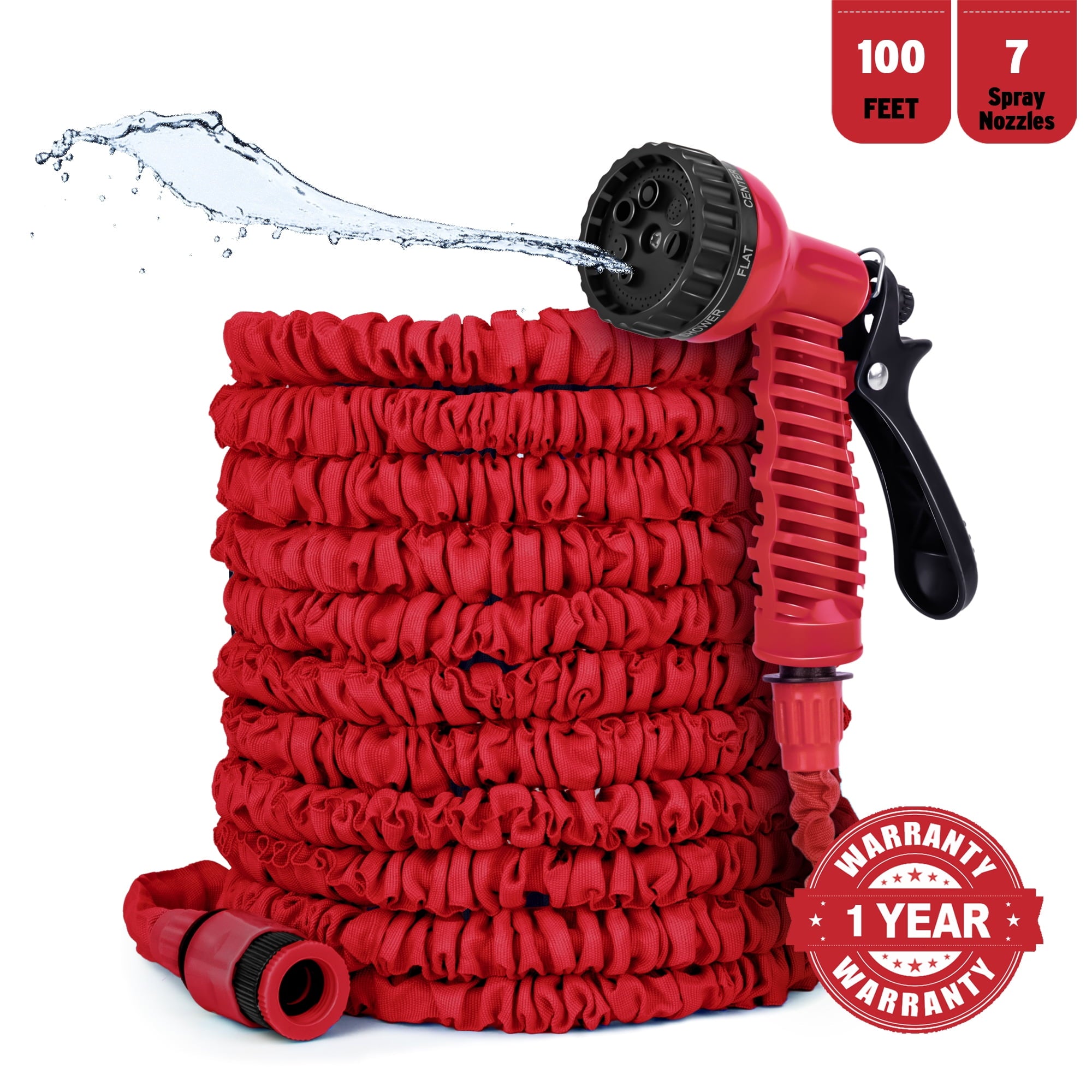 PortableOut 100ft Expandable Flexible Garden Water Hose, 7 Spray Nozzle, Nylon, Outdoor (Red)