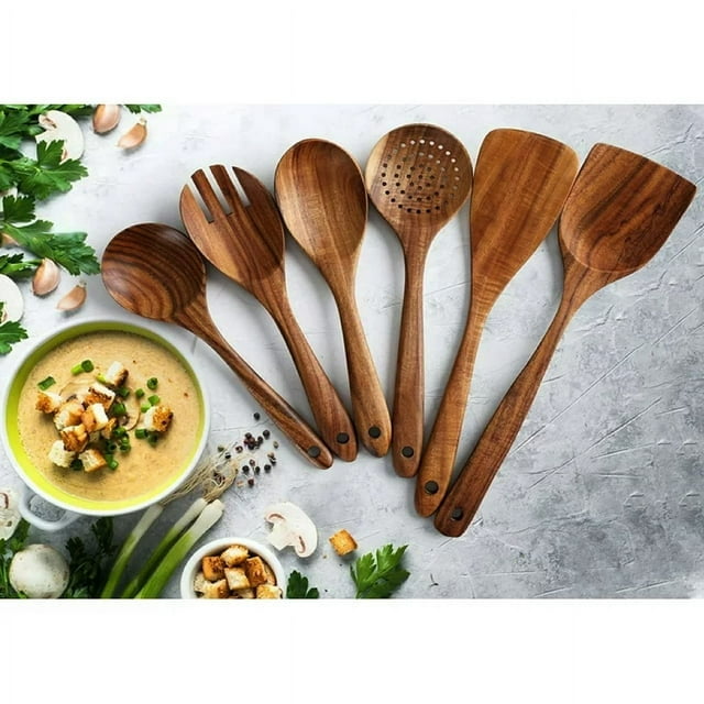 6-Piece Teak Wood Utensil Set for Cooking - Non-Stick Wooden Kitchen Tools