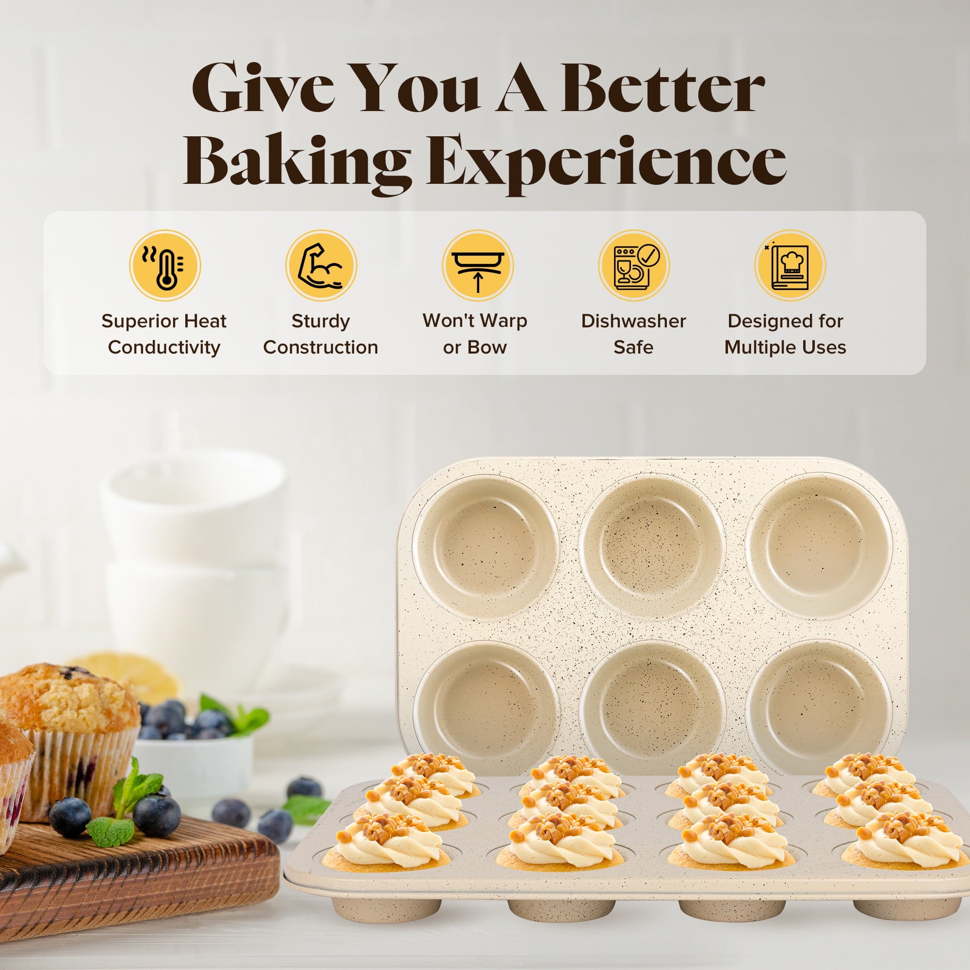 Muffin Cupcake Baking Pan, 12 Cup Standard, 6 Cup Jumbo/Large, Carbon Steel, BPA Free, Dishwasher Safe, Mini Muffin Cakes, Tart, Bread